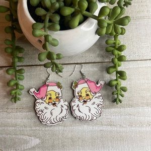 🎅🏼 Pink Hat Vintage Santa Claus Christmas Lightweight Earrings! New! Handmade!
